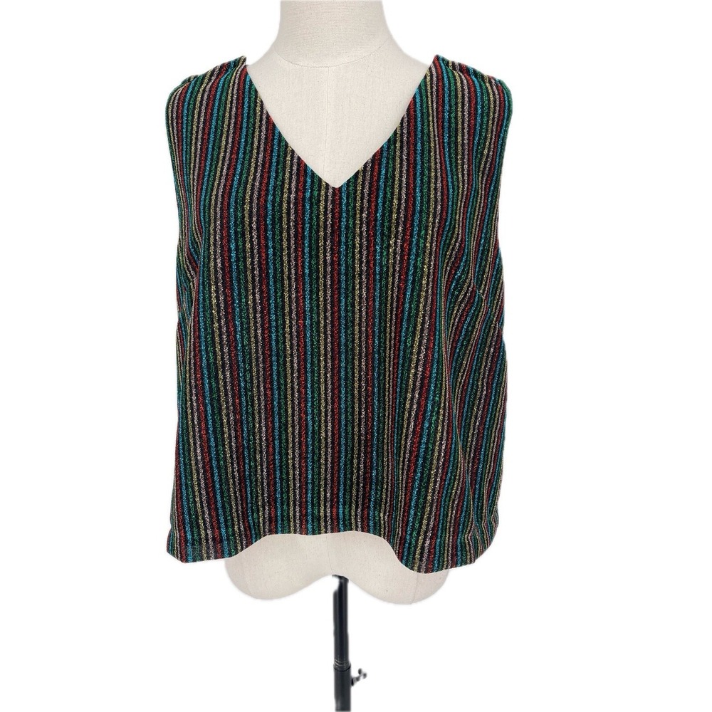 NWT  Buru Sleeveless Metallic Shimmer Stripe Faux Button Back Boxy Crop Top XL‎